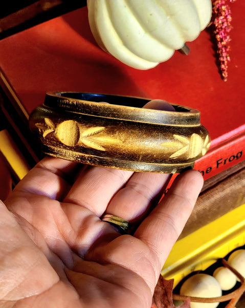 Vintage Carved Wooden Bangle Bracelet