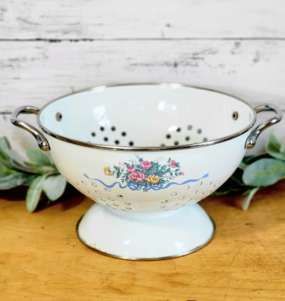 Vintage Enamel Colander with Flowers