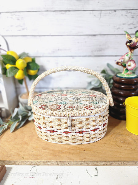 Vintage Sewing Basket with Tapestry Top and Tray
