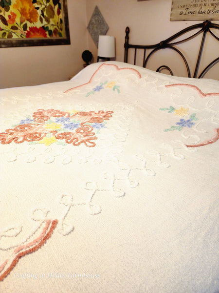 Vintage White and Floral Chenille Bedspread #2