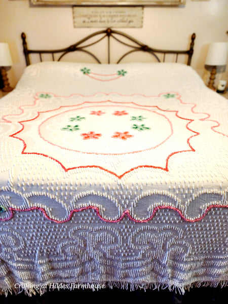 White Floral Chenille Bedspread with Fringe