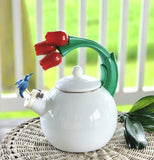 Vintage Ancona Enamel Whistling Teakettle with Tulips