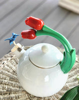 Vintage Ancona Enamel Whistling Teakettle with Tulips